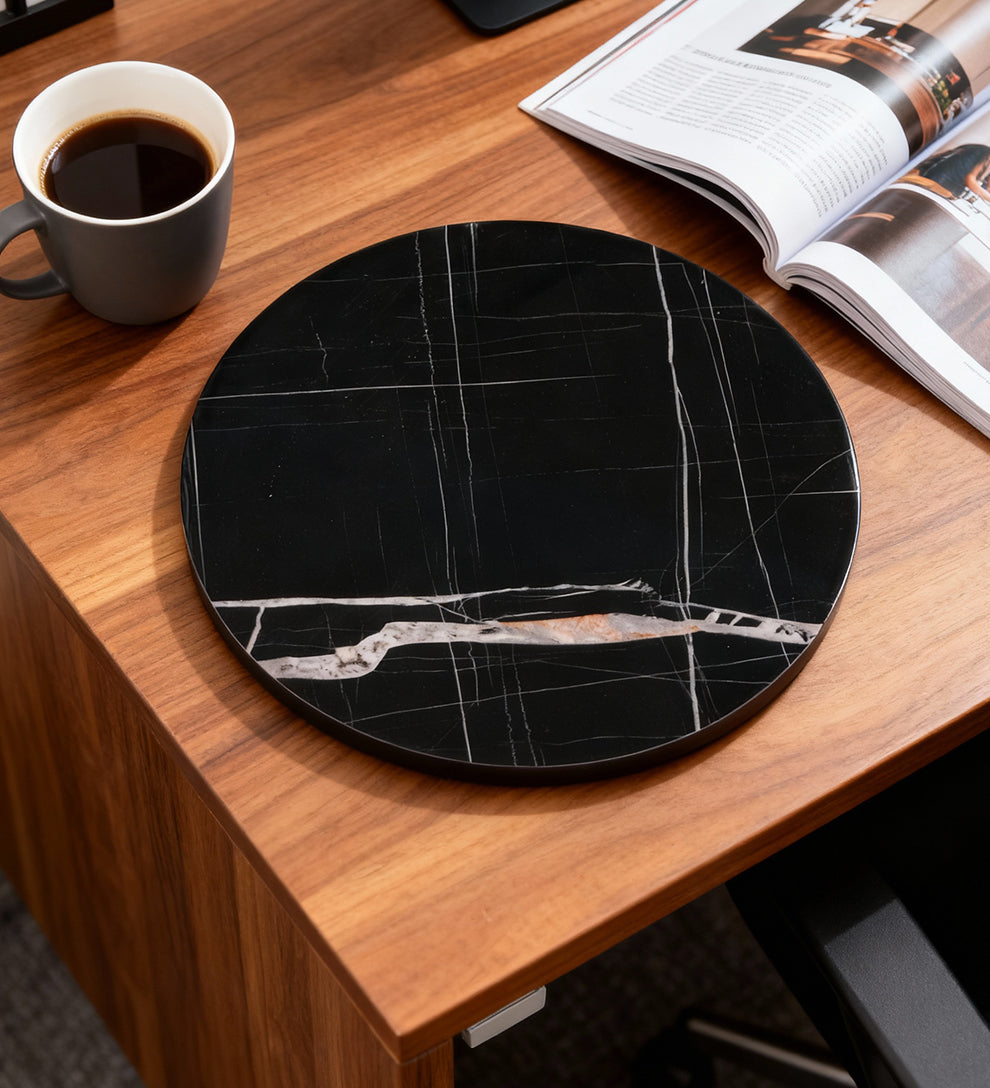 Siyah Mermer Desenli Yuvarlak Dekoratif Tepsi | Modern Orta & Yan Sehpa Üstü Tabla