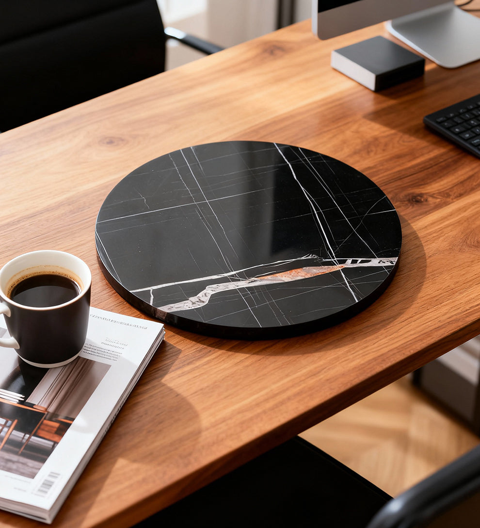 Siyah Mermer Desenli Yuvarlak Dekoratif Tepsi | Modern Orta & Yan Sehpa Üstü Tabla