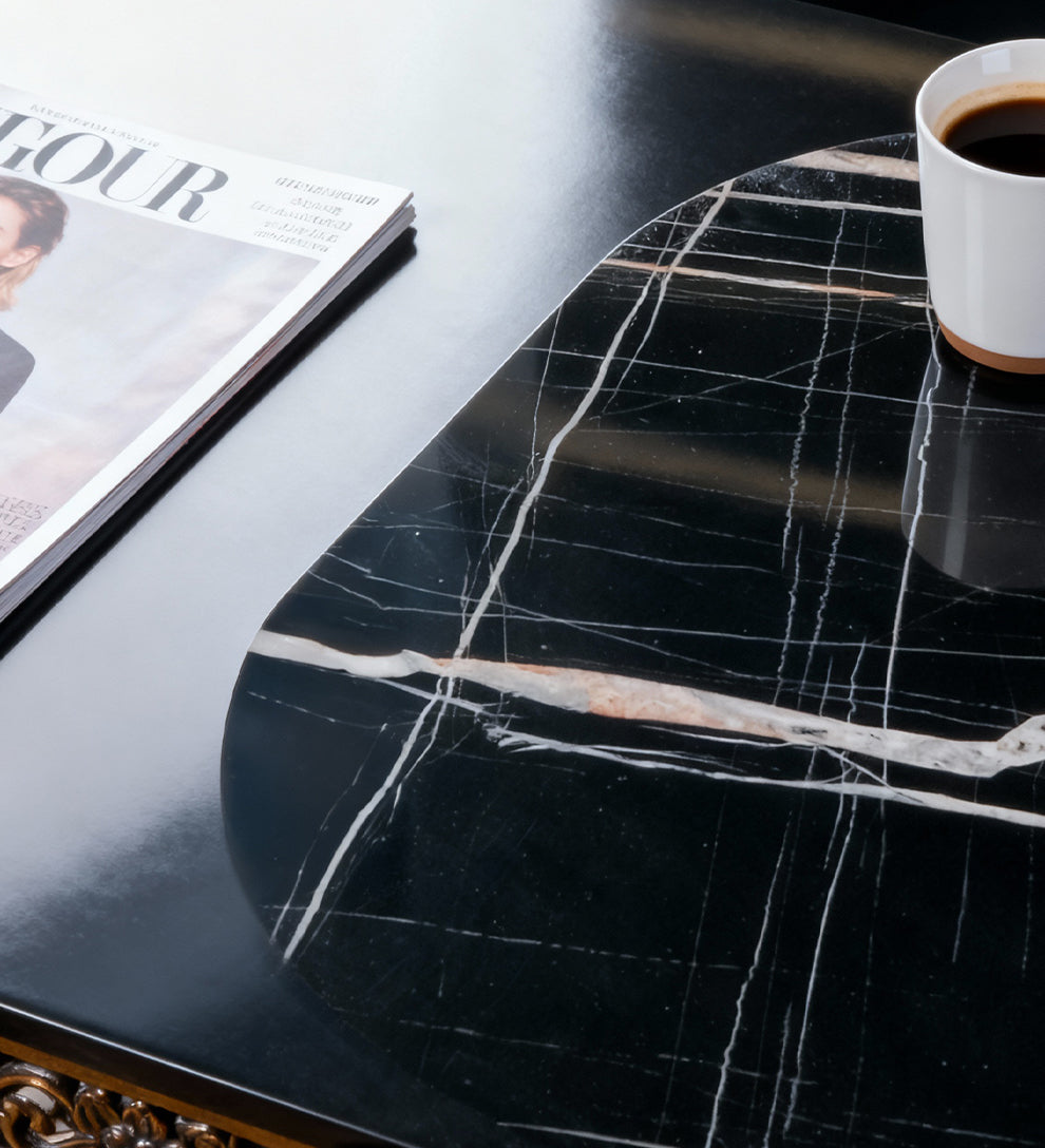 Siyah Mermer Desenli Oval Dekoratif Tepsi | Modern Orta & Yan Sehpa Üstü Tabla