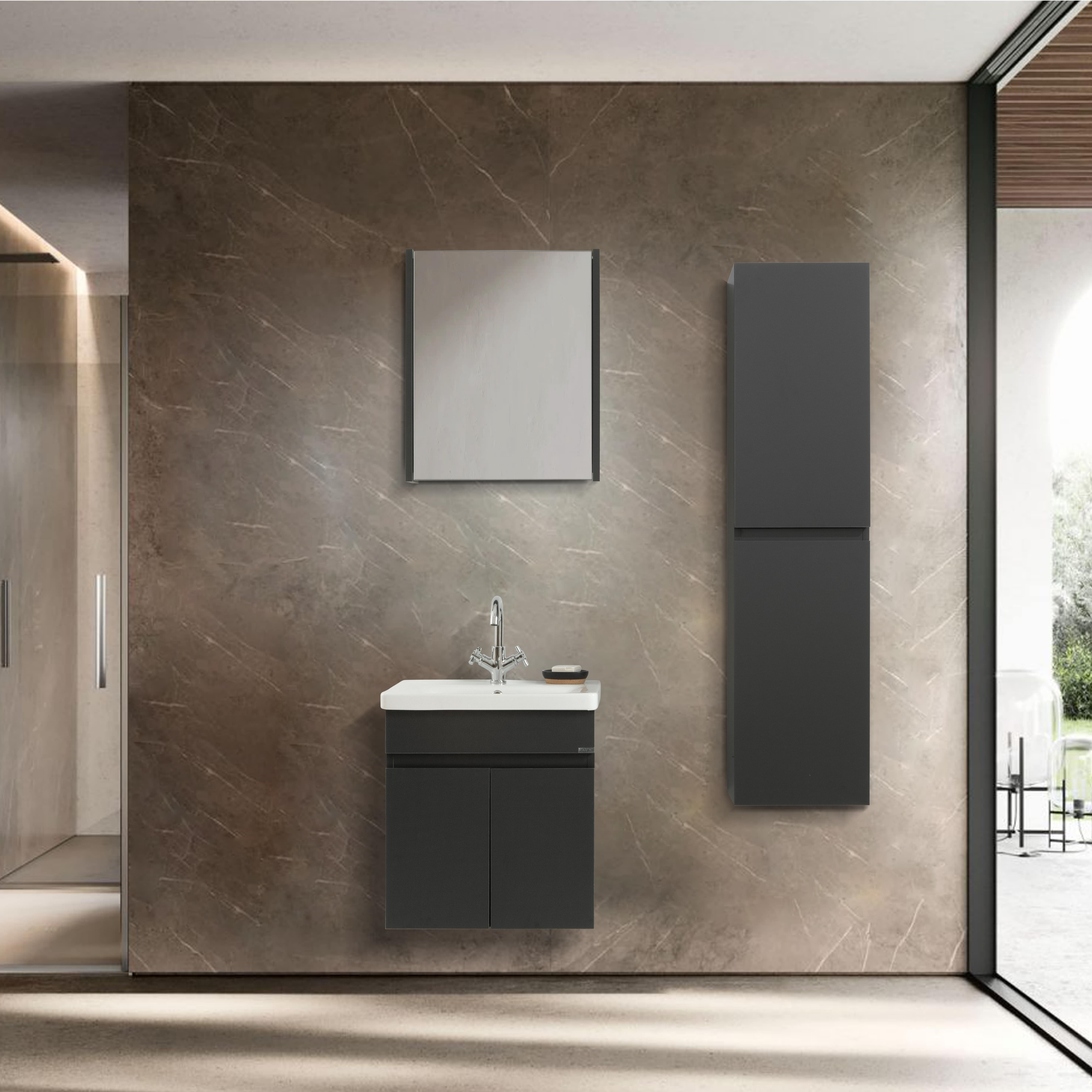 Arya 55 cm x 65 cm Siyah Banyo Dolabı – Lavabo ve Ayna Dahil