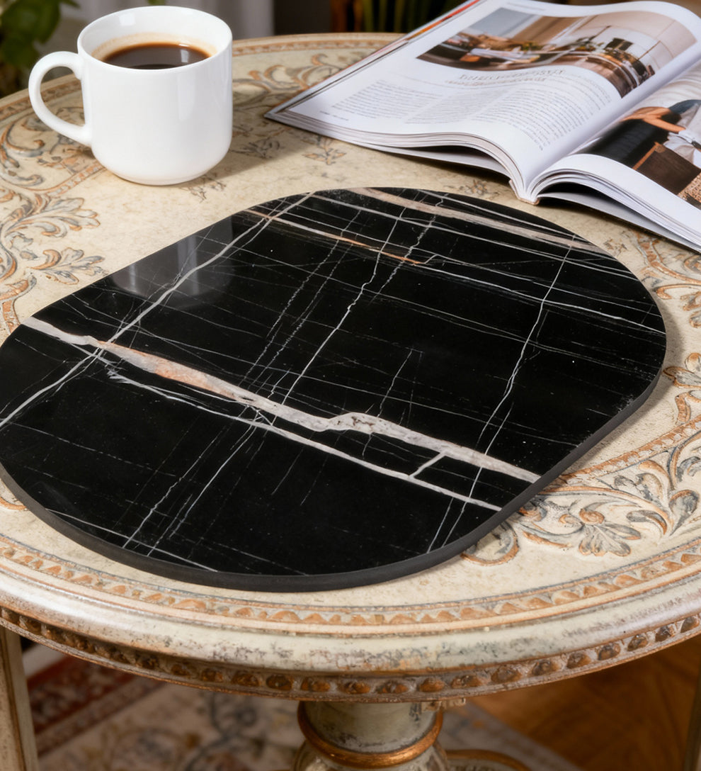 Siyah Mermer Desenli Oval Dekoratif Tepsi | Modern Orta & Yan Sehpa Üstü Tabla