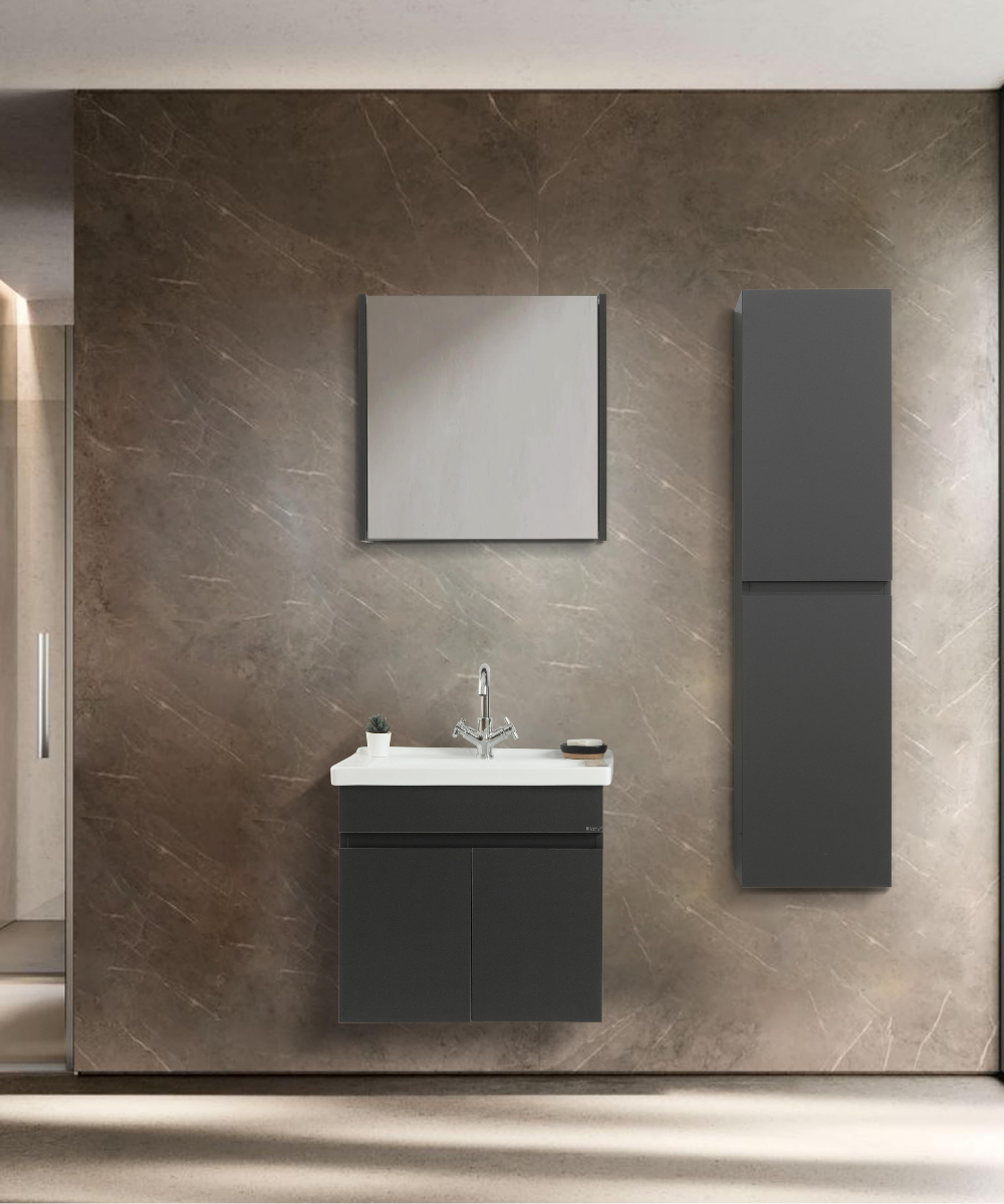 Arya 55 cm x 65 cm Siyah Banyo Dolabı – Lavabo ve Ayna Dahil