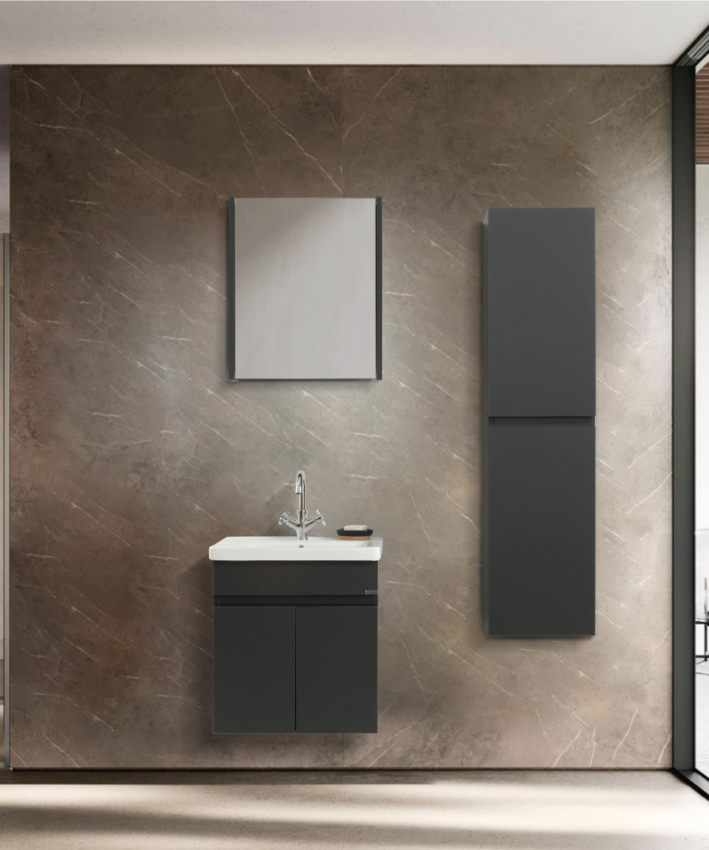 Arya 55 cm x 65 cm Siyah Banyo Dolabı – Lavabo ve Ayna Dahil