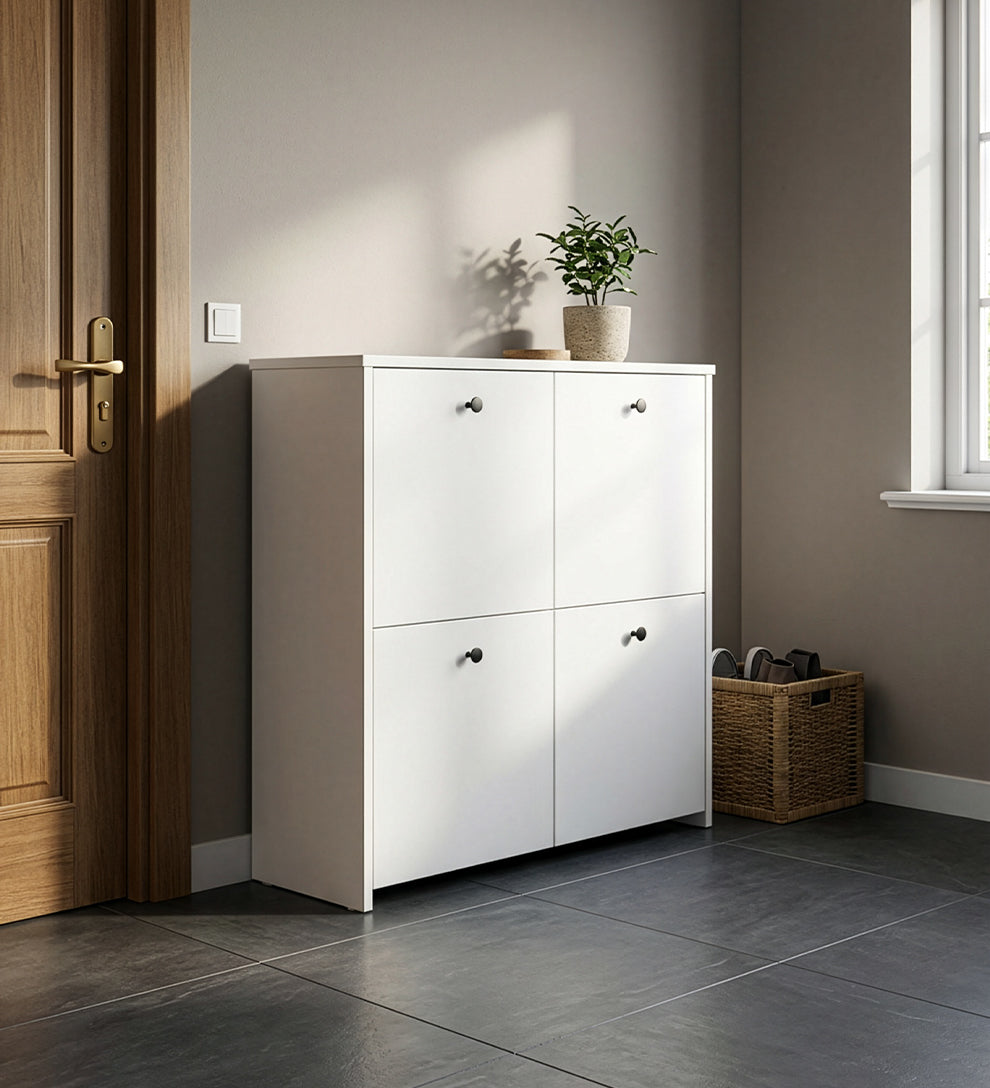 4 Kapaklı Ayakkabılık ve Çok Amaçlı Dolap - 4 Raflı Metal Kulplu Modern Tasarım