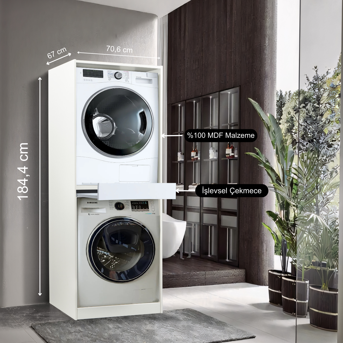 Çamaşır ve Kurutma Makinesi Dolabı Çekmeceli %100 Mdf