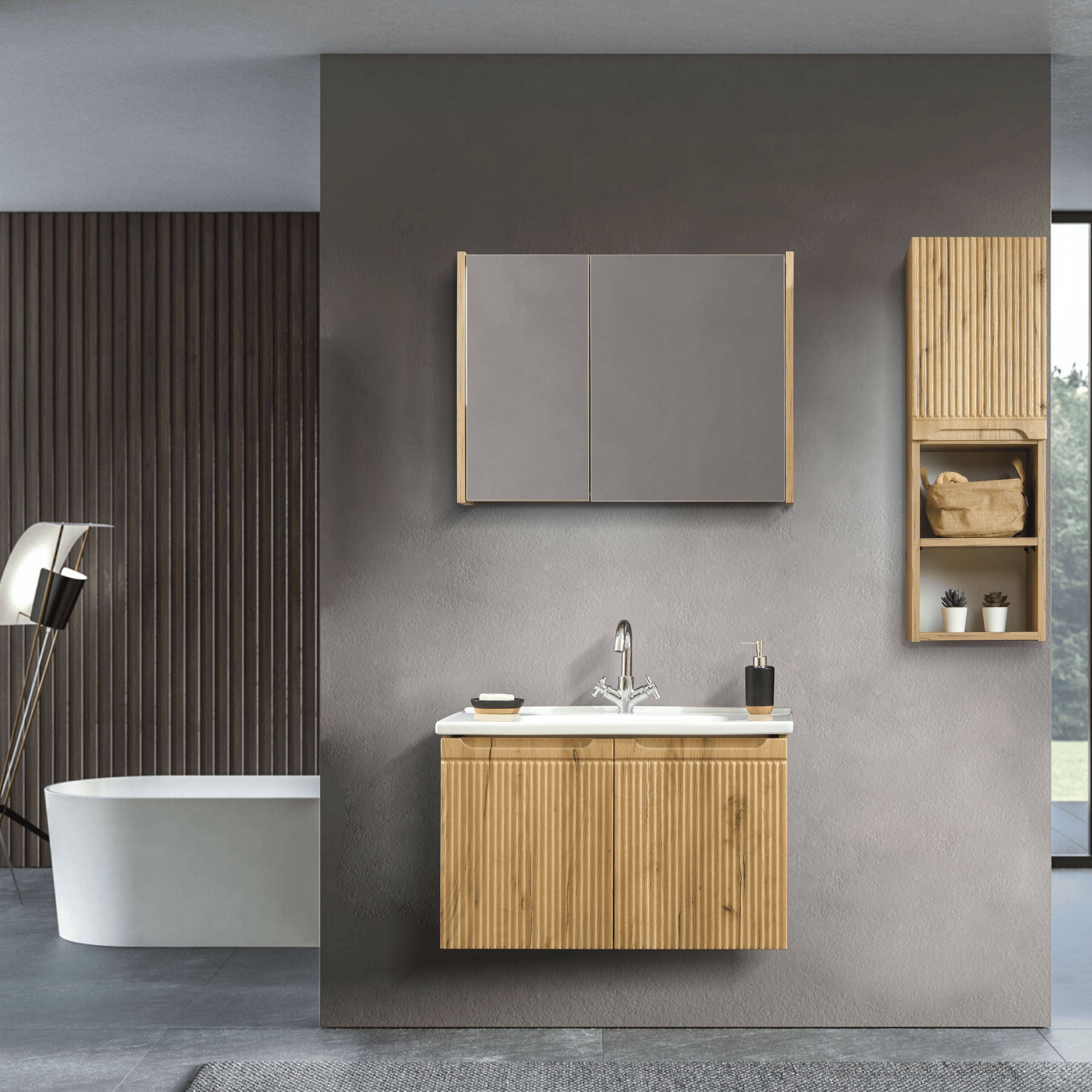 Verona 80 cm Ahşap Desenli Banyo Dolabı Takımı