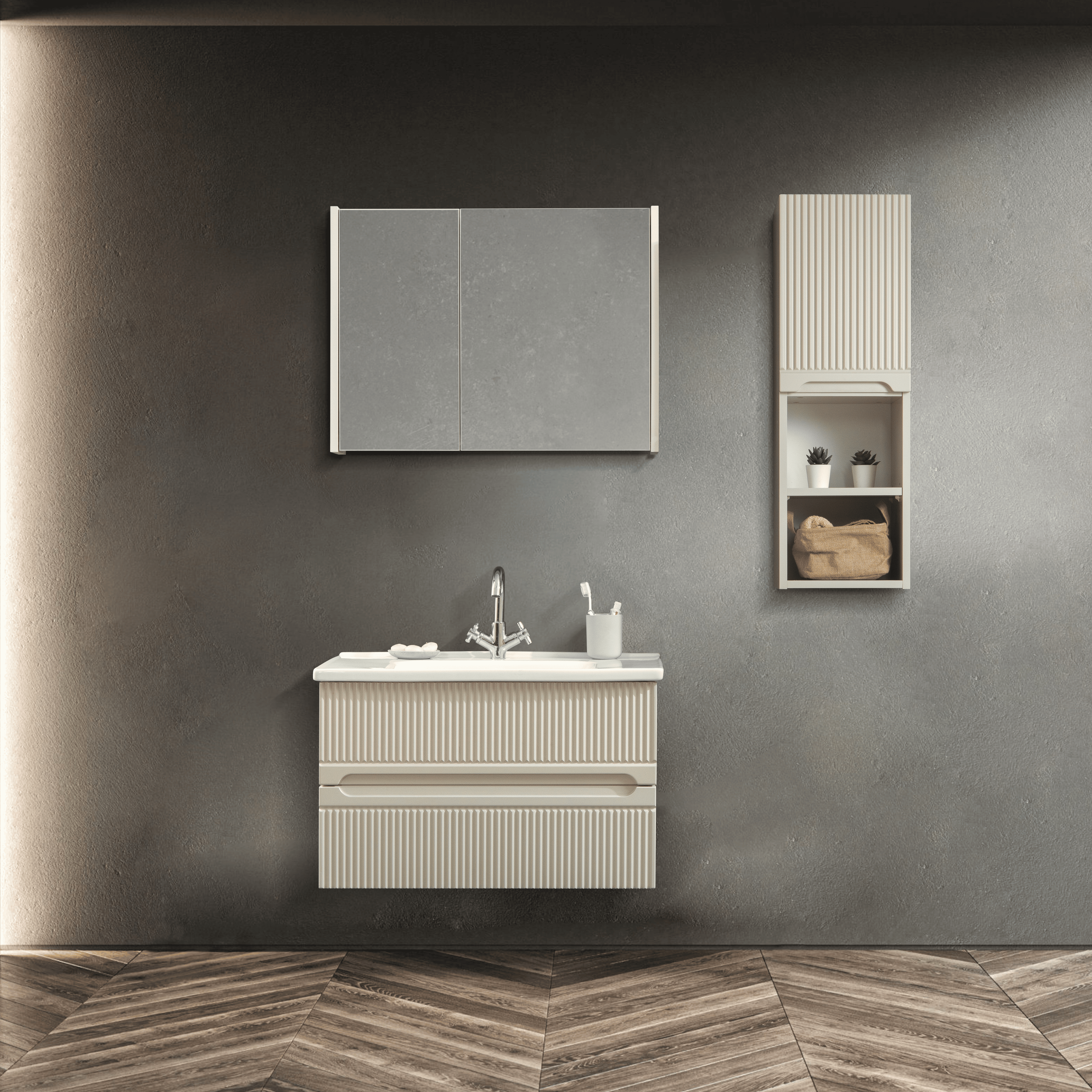 Duo 80 cm Duvara Monte Banyo Dolabı – Lavabo ve Ayna Dahil