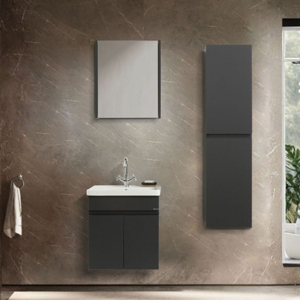 Arya Siyah %100 Mdf Lavabolu Banyo Dolabı, Aynalı Üst Dolap ve Boy Dolabı