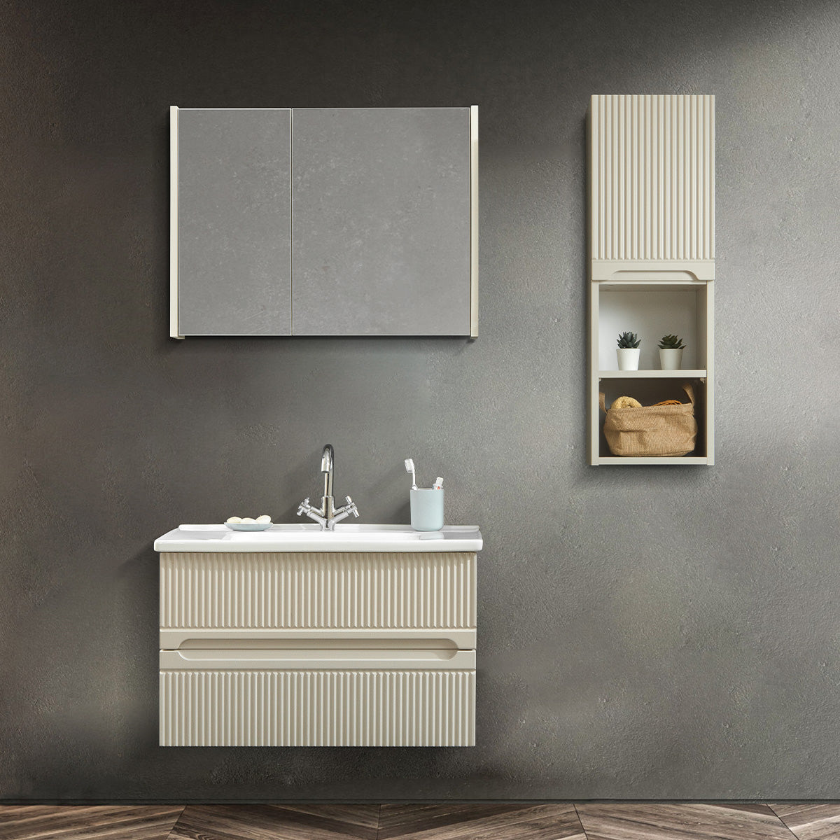 Duo Krem %100 Mdf Lavabolu Banyo Dolabı, Aynalı Üst Dolap ve Boy Dolabı