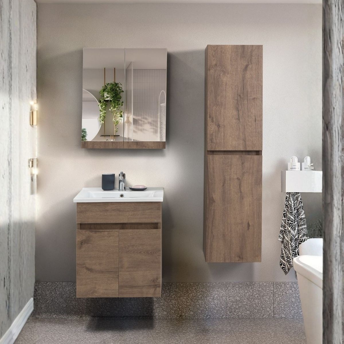 Mona Kahverengi %100 Mdf Lavabolu Banyo Dolabı, Aynalı Üst Dolap ve Boy Dolabı