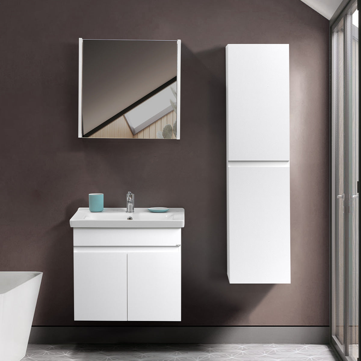Venna Beyaz %100 Mdf Lavabolu Banyo Dolabı, Aynalı Üst Dolap ve Boy Dolabı