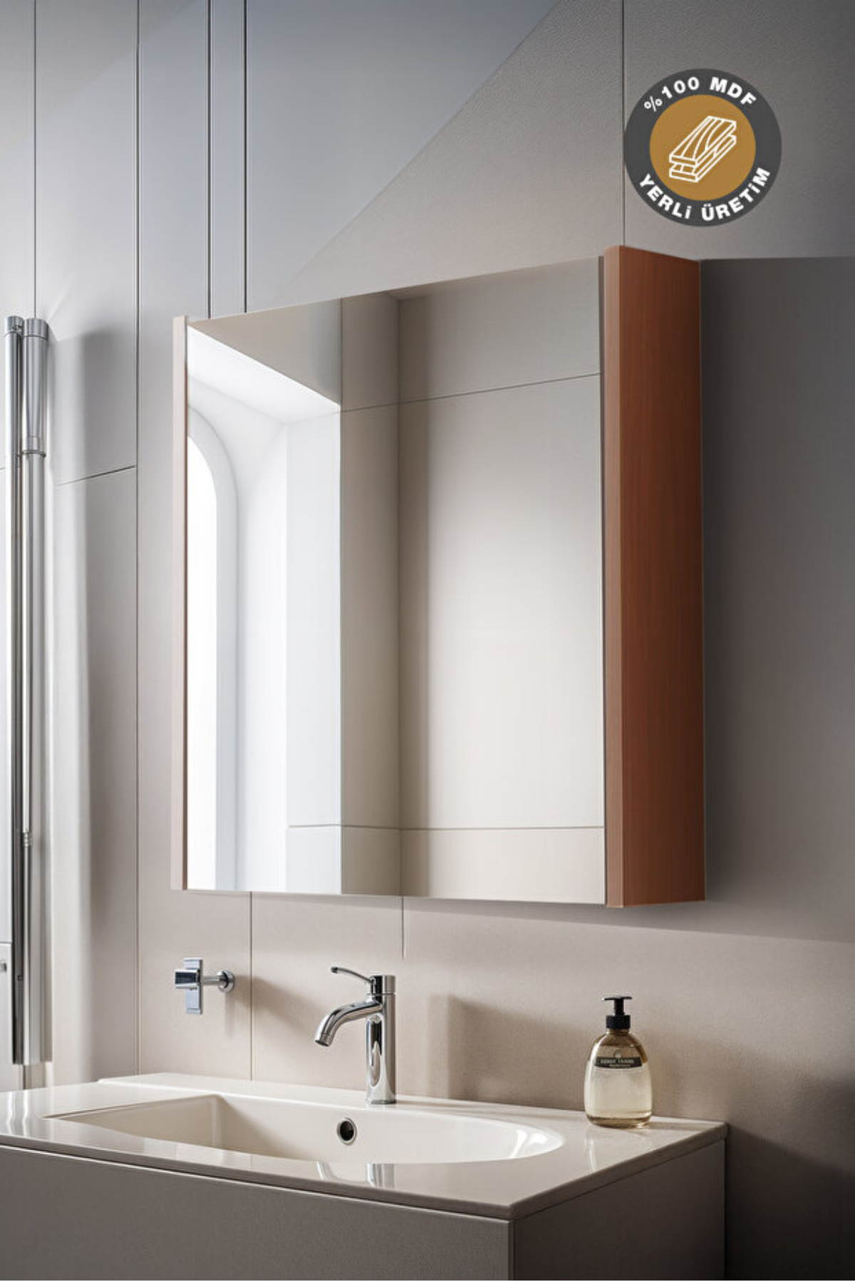 Aynalı Banyo Dolabı Tek Kapaklı, Ceviz 6570